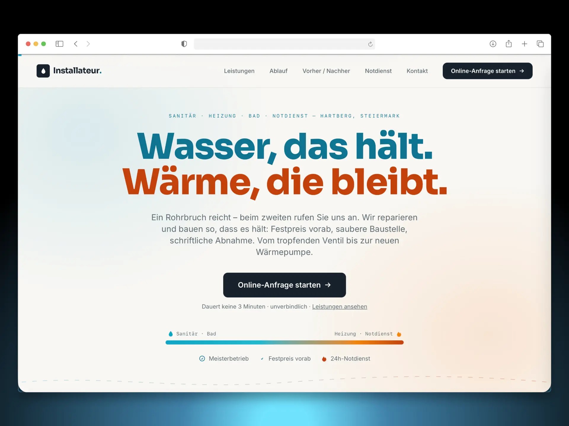 Screenshot der Installateur-Musterwebsite von Pragmify