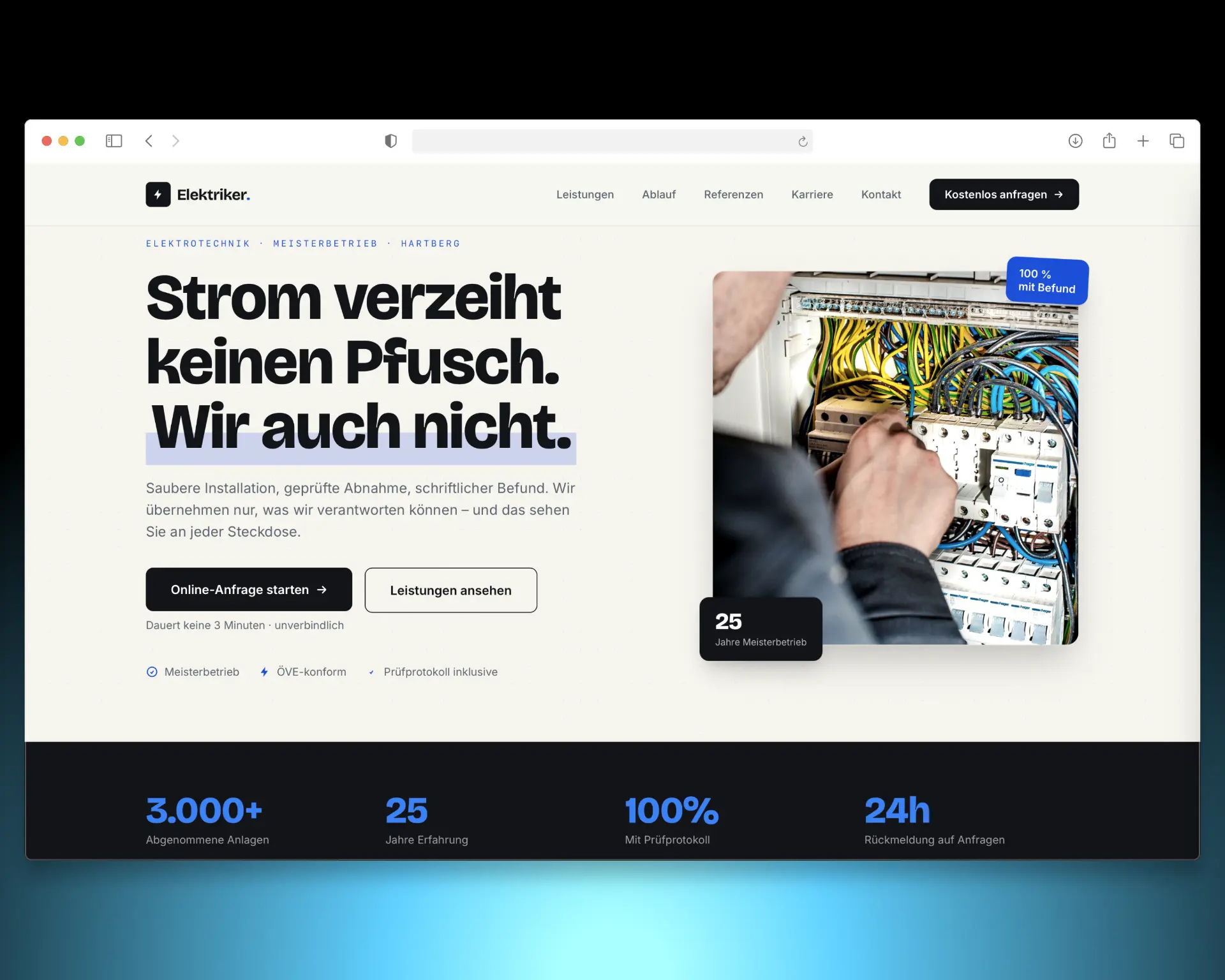 Screenshot der Elektriker-Musterwebsite von Pragmify