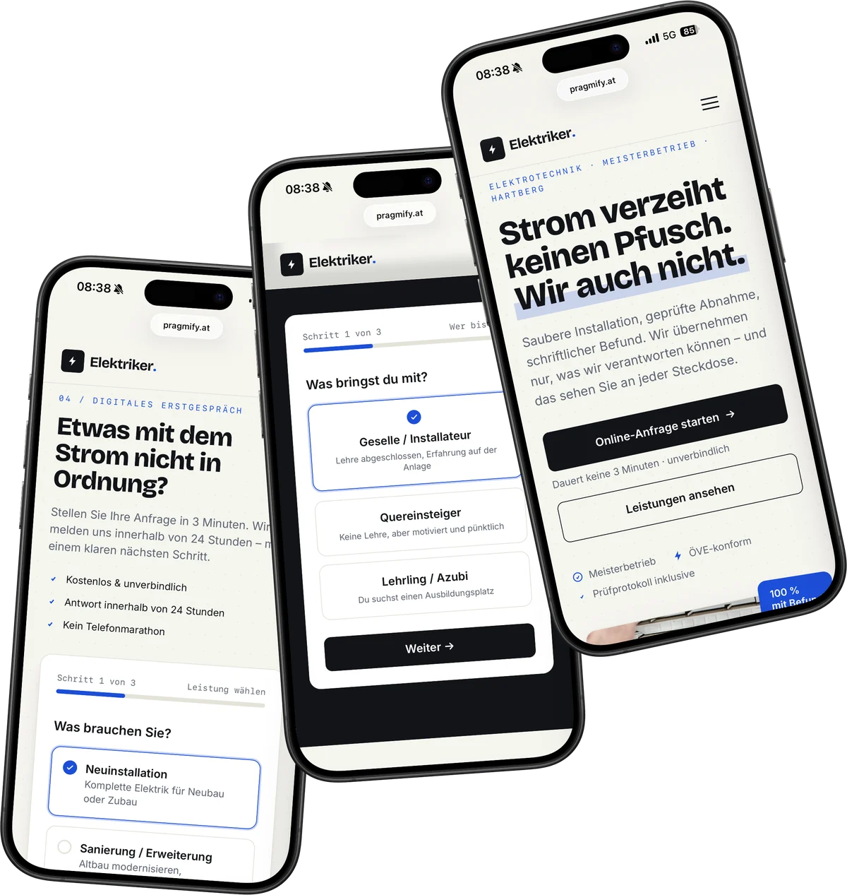 Website, Anfrage-Funnel und Jobmaschine am Smartphone