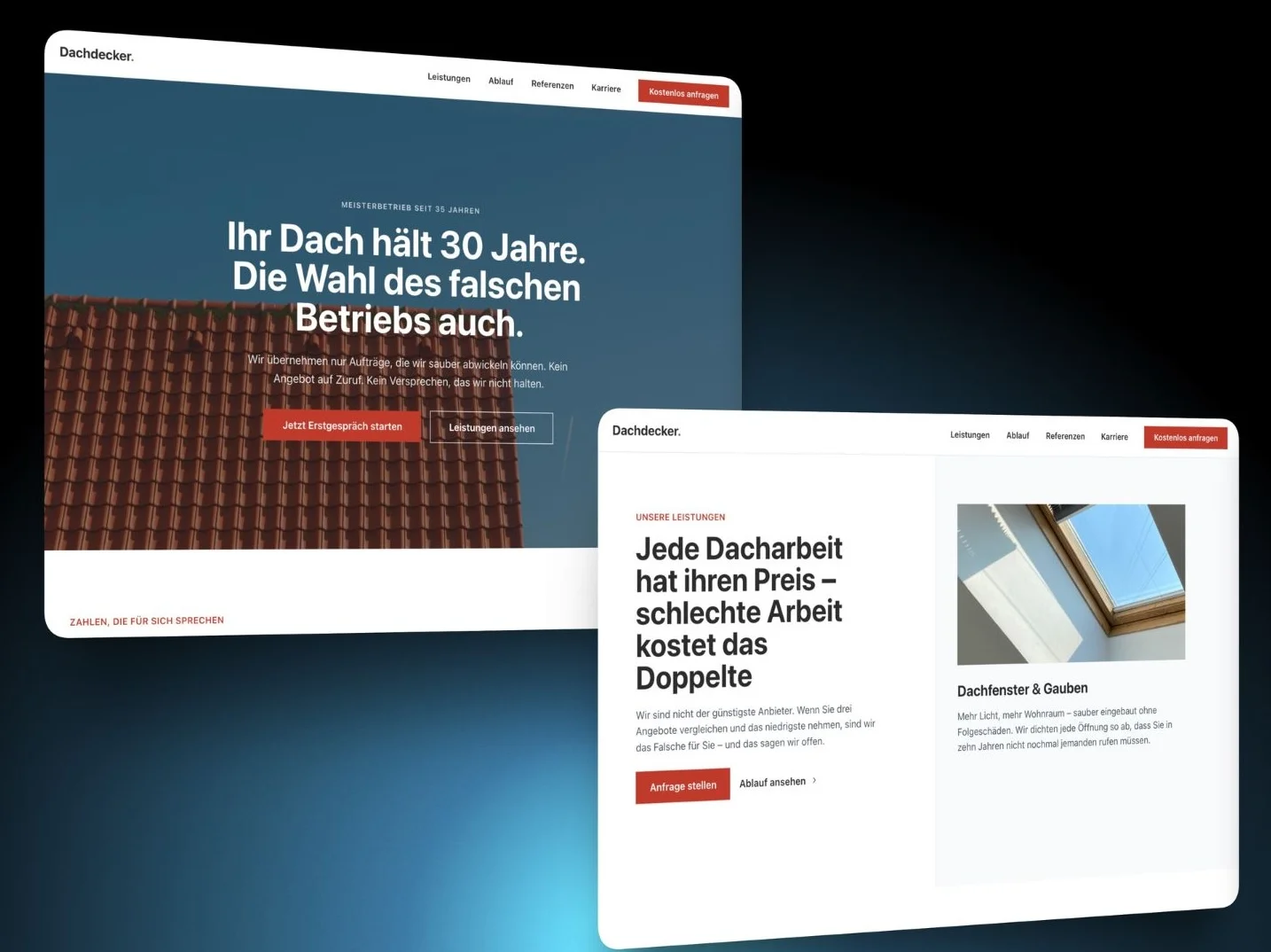 Screenshot der Dachdecker-Musterwebsite von Pragmify